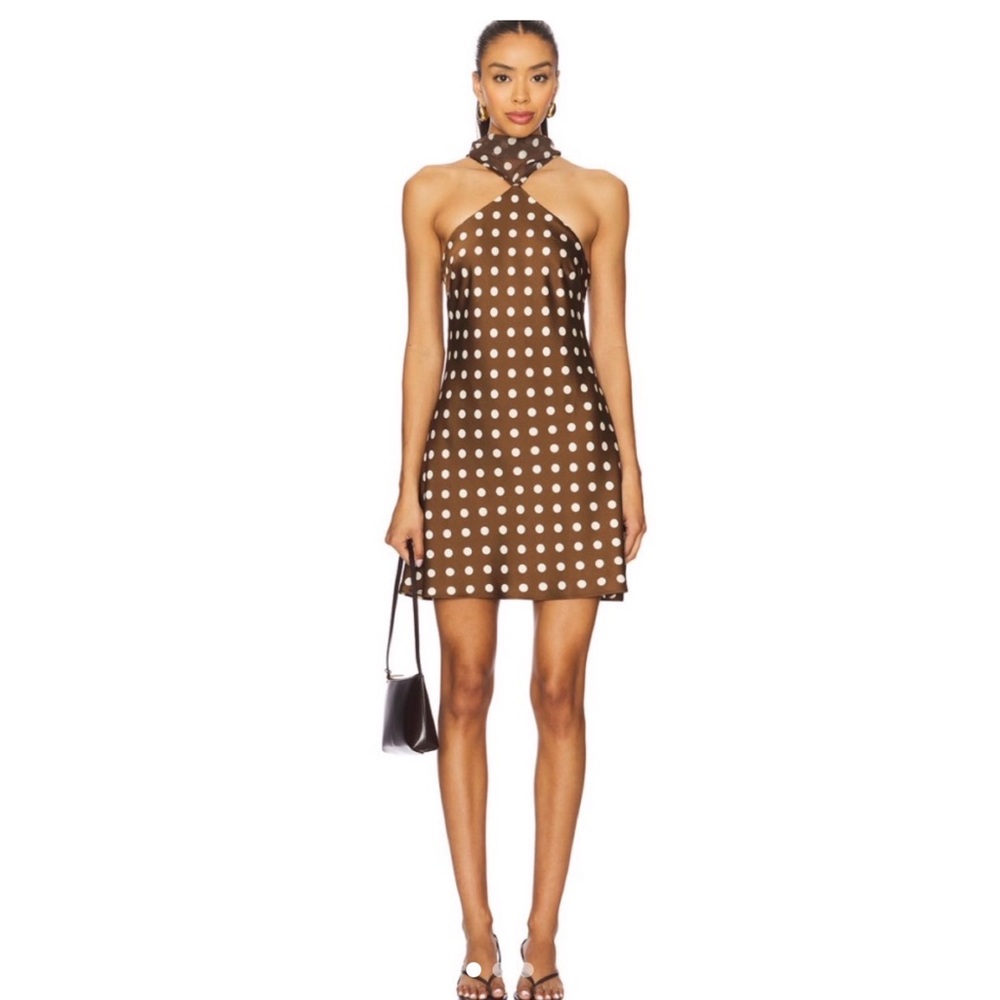 Elegant Brown Polka Dot Halter Mini Dress